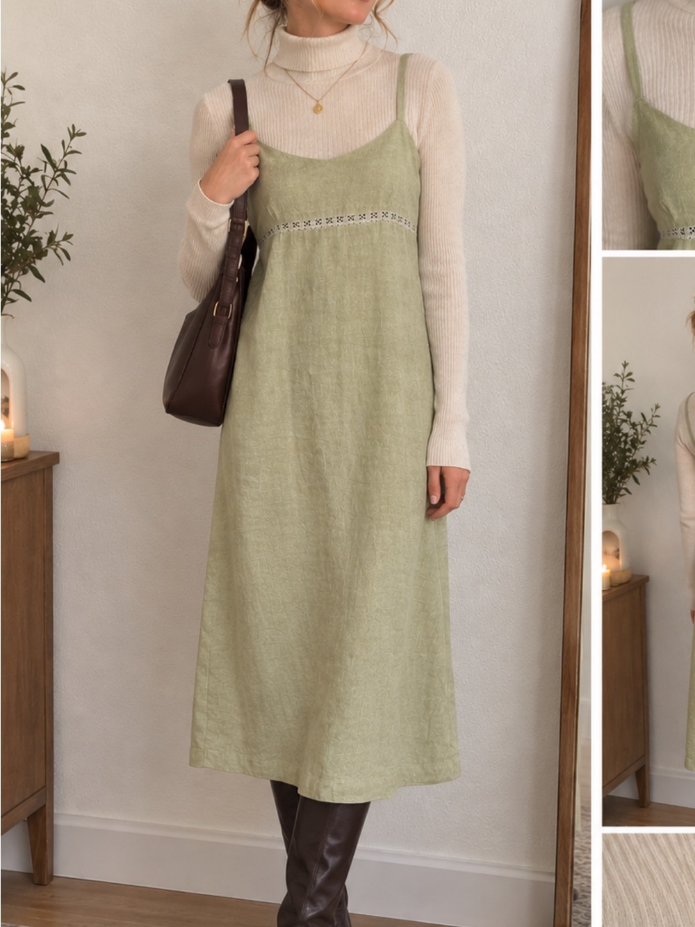 VTG Babydoll Linen Slip Dress Lace Trim Sz S Layering Midi Green Allen Allen 90s